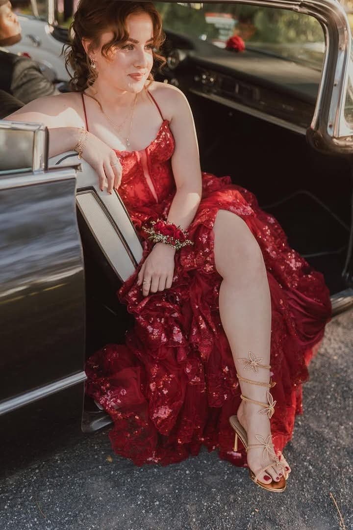 Formal 2026 hair and makeup by My Place Hair & Beauty, red sequin gown in a vintage car